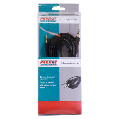 Parrot Products 3.5 mm Audio Jack Cable 5 Metres, in Black with Gold-Plated Connectors, Coiled Inside Transparent Packaging.