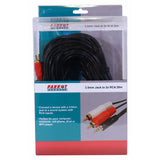Product 3.5 mm Audio Jack to Two Male RCA Connectors Cable (20 Metres) CL4020A, Black Audio Cable with 3.5 mm Jack on One End and Two RCA Connectors on the Other End, Packaged in a Clear Plastic Box.