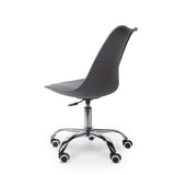 Grey stylish desk chair with 5-star nylon base, featuring a curved back and seat on a silver pole with five black wheels, providing ergonomic comfort and support in a modern design.