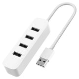 4 Port USB 2.0 Hub, White USB Hub with Four Ports and Attached USB Cable.