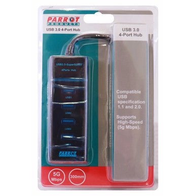 Product 4-Port USB 3.0 Hub Adaptor, Packaged with a Black and Blue USB Hub Device and Cables, Compatible with USB 1.1 and 2.0, Supporting High-Speed Data Transfer of 5Gbps, 300 mm Length Cable.