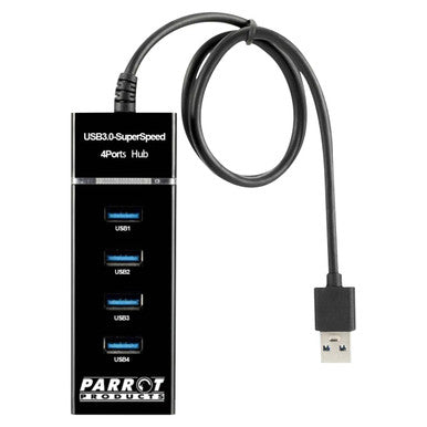 4-Port USB 3.0 Hub Adaptor, Black USB Hub with Four USB Ports Labeled USB1, USB2, USB3, and USB4, Connected to a Computer with a USB Cable.