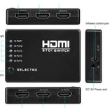 5-Port HDMI Switch AD2006, Electronic Device with Multiple HDMI Input Ports and One Output Port, Featuring LED Indicators, Infrared Control Port, and Power Input for Connecting Multiple HDMI Devices.