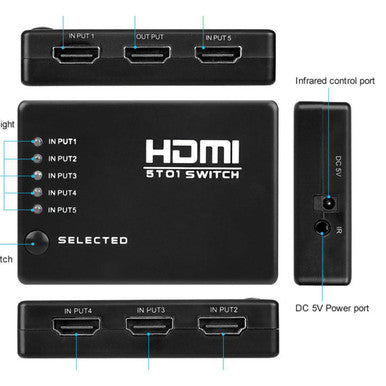 5-Port HDMI Switch AD2006, Electronic Device with Multiple HDMI Input Ports and One Output Port, Featuring LED Indicators, Infrared Control Port, and Power Input for Connecting Multiple HDMI Devices.