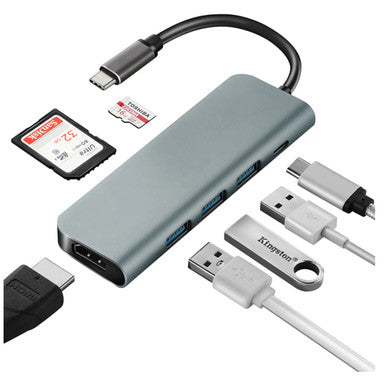 7 in 1 USB-C Hub AD3004, Modern Multiport USB-C Hub with HDMI, USB 3.0 Ports, DisplayPort, SD, and TF Card Slots, Surrounded by Various Connected Devices Including SD Cards, USB Flash Drives, and Cables.
