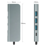 7 in 1 USB-C Hub, Compact Aluminium Grey Port Extender with HDMI, USB 3.0, DisplayPort, SD, and TF Card Slots, Showing Dimensions of 36 mm by 108 mm by 12 mm.