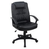 Brooklyn Medium-back Office Chair in black PVC upholstery, with Polyurethane armrests, a swivel and tilt mechanism, and a nylon 640 mm five-star base. The image of the product is a 45-degree front view image