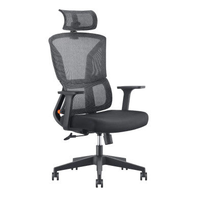 Black Mesh Office Chair with Adjustable Headrest and Black Nylon Frame, Ideal for Corporate Office Seating, Featuring High-back and Lumbar Support, from Brand 67, Showcasing Comfortable and Durable Design.