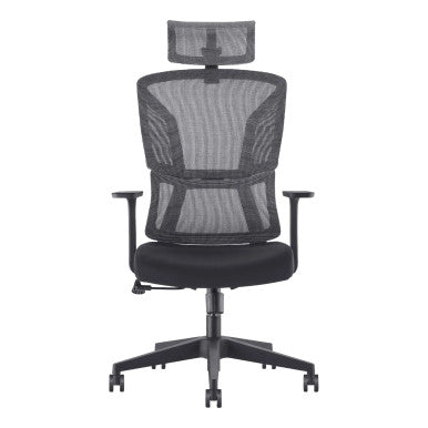 Black Mesh High-back Office Chair with Adjustable Headrest and Black Nylon Frame, Ideal for Corporate Office Seating, Featuring a Sturdy Base and Armrests, from Brand 67, Showcasing Comfort and Support.