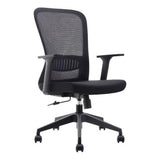 Black Mesh Office Chair with Black Nylon Frame, Medium-back, and Lumbar Support, Featuring a Sleek Design and Adjustable Features, from Brand 67, Showcasing a Sturdy Base and Armrests, Ideal as a Lumbar Support Chair.