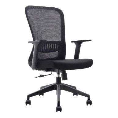Black Mesh Office Chair with Black Nylon Frame, Medium-back, and Lumbar Support, Featuring a Sleek Design and Adjustable Features, from Brand 67, Showcasing a Sturdy Base and Armrests, Ideal as a Lumbar Support Chair.