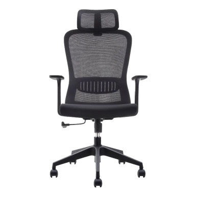 Black Ergonomic Work Chair with Mesh Back and Black Nylon Frame, High-back Design and Adjustable Features, from Brand 67, Featuring a Sturdy Base with Wheels, Presented in a Sleek and Modern Style.