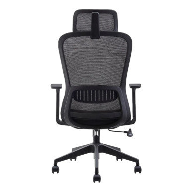 Black Mesh High-back Office Chair with Black Nylon Frame, Featuring Adjustable Headrest and Ergonomic Design, on a Five-Star Base with Wheels, Showcasing a Sleek and Modern Office Seating Solution.