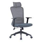 Grey Mesh Office Chair with Black Frame and Adjustable Headrest, from 67 Brand, Featuring High-back and Armrests, on Five Wheelbase. Adjustable Headrest Chair with Ergonomic Design and Sturdy Build for Comfort.