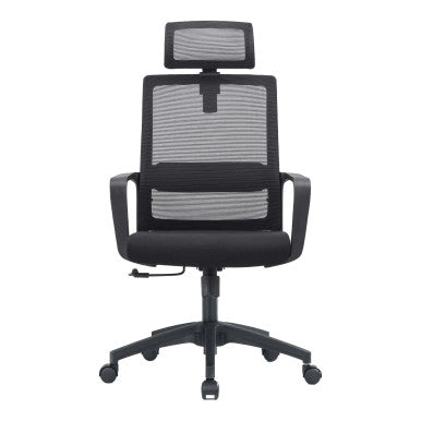 Black Mesh High-back Office Chair with Aluminium Frame, Adjustable Headrest and Armrests, on Five-Star Base with Castors, by 67, Featuring a Sturdy 20kg Ergonomic Design with Breathable Mesh Back and Seat, in a Sleek Black Finish.