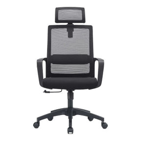 Black Mesh High-back Office Chair with Aluminium Frame, Adjustable Headrest and Armrests, on Five-Star Base with Castors, by 67, Featuring a Sturdy 20kg Ergonomic Design with Breathable Mesh Back and Seat, in a Sleek Black Finish.