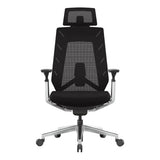 Black Mesh High-back Office Chair with Chrome Frame, Featuring Adjustable Headrest and Armrests, on a Five-Legged Base with Wheels, Showcasing Ergonomic Design and Sturdy Build, Ideal for Comfort and Support in Office Settings.