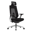 Black Ergonomic Office Chair with Chrome Frame and High Backrest, Featuring Mesh Material and Adjustable Headrest, on a Five-Star Silver Base with Black Casters, Providing Comfort and Support for Long Working Hours.