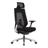 Black Ergonomic Office Chair with Chrome Frame and High Backrest, Featuring Mesh Material and Adjustable Headrest, on a Five-Star Silver Base with Black Casters, Providing Comfort and Support for Long Working Hours.