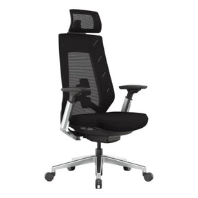 Black Ergonomic Office Chair with Chrome Frame and High Backrest, Featuring Mesh Material and Adjustable Headrest, on a Five-Star Silver Base with Black Casters, Providing Comfort and Support for Long Working Hours.
