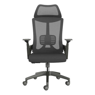 The Black Mesh with Black Nylon Frame High-back Office Chair Features a Mesh Backrest with Headrest, Black Nylon Frame, Armrests, and Base with Castors.