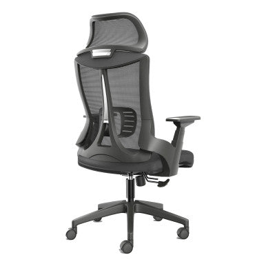 The Black Mesh with Black Nylon Frame High-back Office Chair Features a Mesh Backrest with Headrest, Black Nylon Frame, Armrests, and Base with Castors.