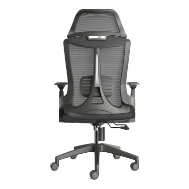 The Black Mesh with Black Nylon Frame High-back Office Chair Features a Mesh Backrest with Headrest, Black Nylon Frame, Armrests, and Base with Castors.
