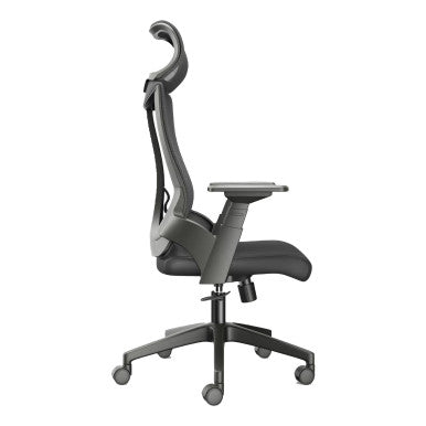 The Black Mesh with Black Nylon Frame High-back Office Chair Features a Mesh Backrest with Headrest, Black Nylon Frame, Armrests, and Base with Castors.