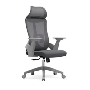 Grey Ergonomic Office Chair with High-back and Adjustable Headrest, Featuring Breathable Mesh Material and Sturdy Grey Frame, on Five-Star Base with Casters, by Brand 67, Showcasing a Sleek and Modern Design for Comfortable Seating.