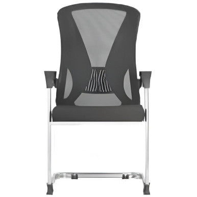 C4014B Black Mesh Visitor Office Chair by 67, Featuring a Black Mesh Back with Chrome Frame, Ideal for Educational Institution Seating, Showcasing a Ventilated Design for Comfort and Support with a Sturdy Metal Base and Armrests.