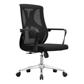 Black Office Chair with Breathable Mesh Back and Chrome Frame, Medium-back Design, on Five Wheels, from Brand 67, Featuring a Sleek and Ergonomic Design with Adjustable Features for Optimal Comfort and Support.