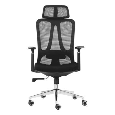 Black Mesh High-back Office Chair with Black Nylon Frame on a Five-Star Silver Base with Wheels, Ideal for Corporate Office Seating, Featuring a Sturdy Design and Ergonomic Support, from Brand 67, with a Sleek and Modern Aesthetic.