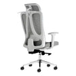 The Grey Mesh with White Frame High-back Office Chair Features a Grey Mesh Back with Headrest, White Frame and Arms, Padded Seat, and Chrome Base with Nylon Castors.