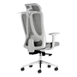 The Grey Mesh with White Frame High-back Office Chair Features a Grey Mesh Back with Headrest, White Frame and Arms, Padded Seat, and Chrome Base with Nylon Castors.