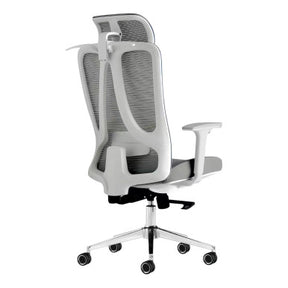 The Grey Mesh with White Frame High-back Office Chair Features a Grey Mesh Back with Headrest, White Frame and Arms, Padded Seat, and Chrome Base with Nylon Castors.