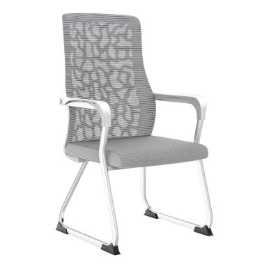 Grey Mesh Office Chair with White Frame, C4019B Model by 67, Featuring Breathable Mesh Back and Chrome Sleigh Base, Ideal as a Home Office Chair, Visitor Office Chair or Meeting Room Seating with a Sturdy 20kg Weight Capacity.