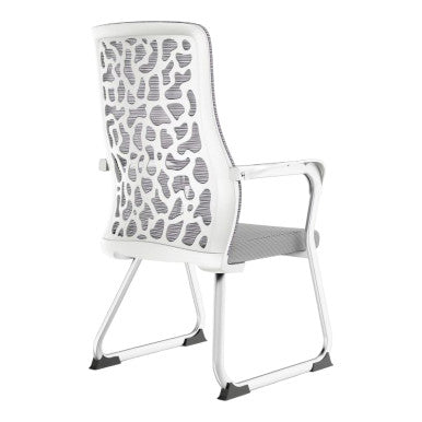 Grey Mesh Office Chair with White Frame, Durable Office Furniture Featuring a Breathable Mesh Back and Chrome Sleigh Base, 67 Brand, C4019B Model, Showcasing a Sturdy and Comfortable Design with a Grey Seat and Armrests.