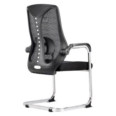 The Black Mesh with Chrome Frame High-back Office Chair Features a Tall Black Mesh Back, Fixed Armrests, Padded Seat, and a Chrome Star Base with Castors.