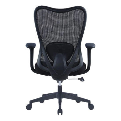 Black Mesh Office Chair with Black Nylon Frame, Medium-back, and Adjustable Lumbar Support, Featuring Wide Padded Armrests, on a Five-Legged Base with Casters, by 67, Showcasing Ergonomic Design and Comfort.