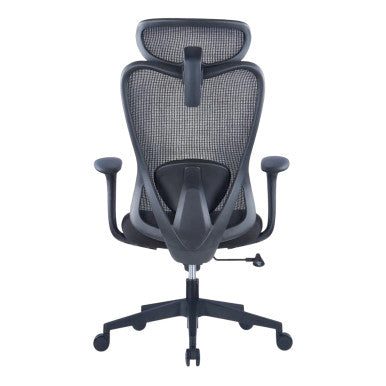 Black Mesh Office Chair with Black Nylon Frame, High-back Design, and Adjustable Features, from Brand 67, Showcasing a Sturdy Base and Armrests, a Nylon Frame Chair Ideal for Ergonomic Seating in a Workspace.