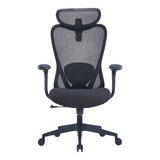 Black Mesh High-back Office Chair with Black Nylon Frame, Featuring Ergonomic Design and Adjustable Elements, from Brand 67, Showcasing a Sturdy Base and Armrests, Presented as a High-back Chair with a Sleek, Modern Aesthetic.