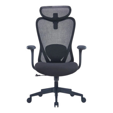 Black Mesh High-back Office Chair with Black Nylon Frame, Featuring Ergonomic Design and Adjustable Elements, from Brand 67, Showcasing a Sturdy Base and Armrests, Presented as a High-back Chair with a Sleek, Modern Aesthetic.