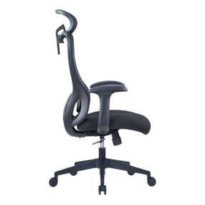 Black Mesh High-back Chair with Black Nylon Frame, Featuring a Curved Backrest and Adjustable Headrest, on a Five-Legged Base with Wheels, Showcasing a Sleek and Ergonomic Design, Perfect for Comfort and Support.