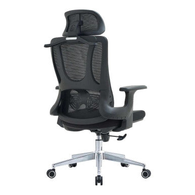 Black Mesh High-back Office Chair with Chrome Frame, Featuring Lumbar Support, Adjustable Headrest, and Ergonomic Design, from Brand 67, Showcasing Its Sturdy Base with Five Wheels, Ideal as a Lumbar Support Chair for Comfort and Functionality.