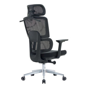 C4026 Office Chair with Black Mesh and Chrome Frame, High-back Design, Adjustable Headrest and Armrests, on Five-Star Silver Base with Black Wheels, Showcasing Ergonomic Features and Sleek Aesthetic.