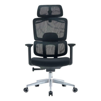 Black Mesh High-back Office Chair with Chrome Frame, Featuring Adjustable Headrest and Ergonomic Design, Ideal as a Home Office Chair, Showcasing Sleek and Modern Aesthetic with Sturdy Base and Wheels, from Brand 67, Model C4026.
