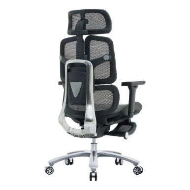 The Black Mesh with Aluminium Frame High-back Office Chair Features a Mesh Back, Adjustable Headrest, 4D Armrests, and an Aluminium Base.