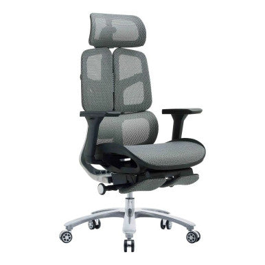 The Black Mesh with Aluminium Frame High-back Office Chair Features a Mesh Back, Adjustable Headrest, 4D Armrests, and an Aluminium Base.