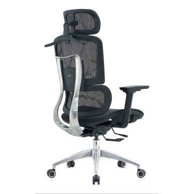 The Black Mesh with Aluminium Frame High-back Office Chair Features a Mesh Back, Adjustable Headrest, 3D Arms, and an Aluminium Base with Nylon Castors.