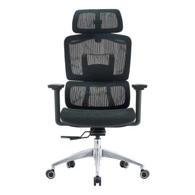 The Black Mesh with Aluminium Frame High-back Office Chair Features a Mesh Back, Adjustable Headrest, 3D Arms, and an Aluminium Base with Nylon Castors.